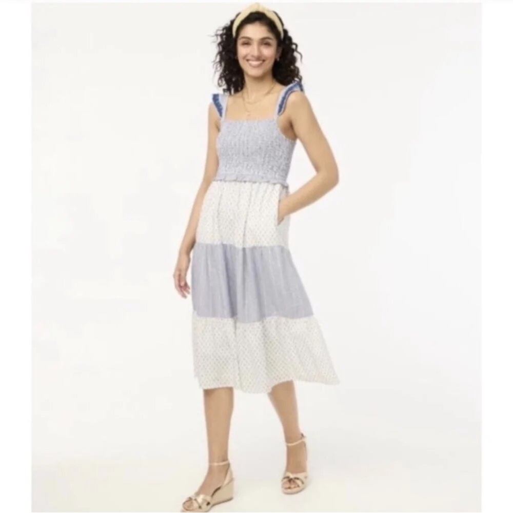 J Crew Smocked Midi Tiered Lined Cotton Dress